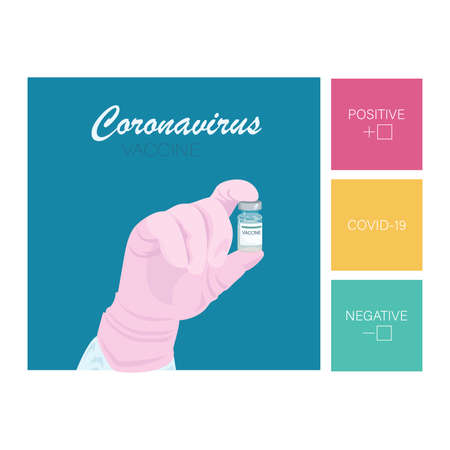 Coronavirus vaccine. COVID 19. SARS CoV 2. Medics hand in glove and vaccine bottles. vector Illustrationのイラスト素材
