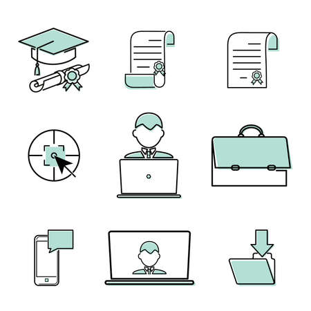 Education icon. Set vector line symbols. Outline icons for internet and online education, distant courses, colleges, academies, universities and schools. Flat minimalist style. Vector illustrationのイラスト素材