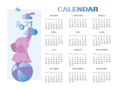 Baby elephant. Calendar 2021. Vector cartoon character. Cute elephant on a background of the sky with clouds. Design for weekly, notebook. Vector illustration. Vector illustrationのイラスト素材