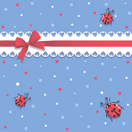 Ladybirds. Lace ribbon. Vector background. Cartoon character for childrens textile gift wrapping. Cute red ladybugs on a blue background with colored peas. Vector illustrationのイラスト素材
