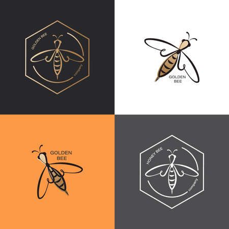 Golden honeybee. Vector icon, logo. Set. Label and tag with bee in honeycomb. Linear style.のイラスト素材