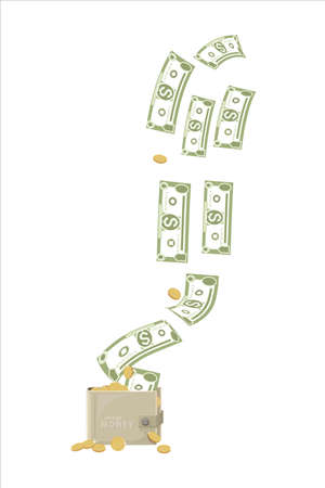 Dollars signs, gold coins. Cash flow. Falling money isolated on white background. American billのイラスト素材