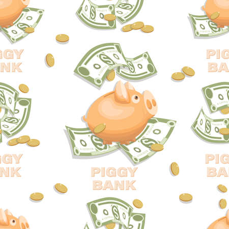 Piggy bank. Money. Dollars signs, gold coins. Money pattern. Falling money isolatedのイラスト素材