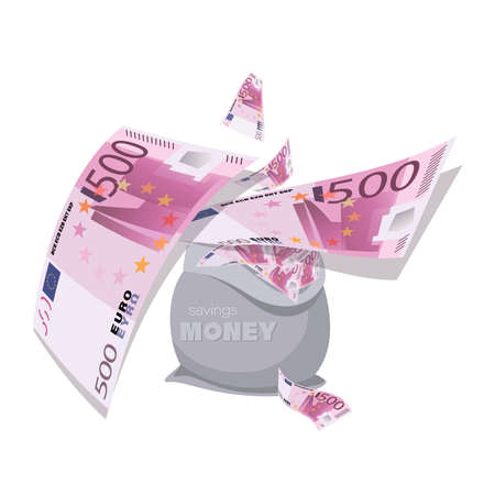 Cash bag. Euro bills. Falling money isolated on white background. 500 Euro bill, currency in bag.のイラスト素材