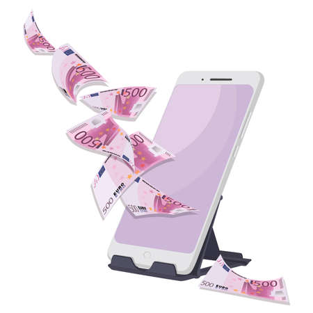Smartphone. 500 Euro bills. Cash. Five hundred euro banknotes. Online payment, internet bankingのイラスト素材