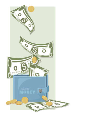 Dollars. Cash wallet. Dollars bills, gold coins. Falling money on money background. American billのイラスト素材