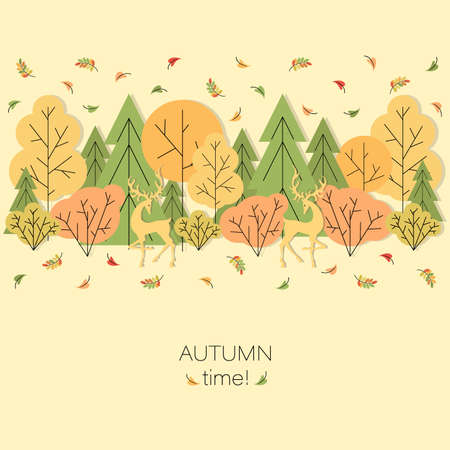 Forest. Deer. Autumn time. Vector background, poster with autumn landscape, red deerのイラスト素材
