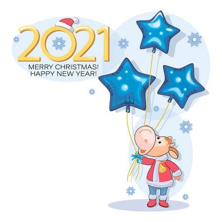 Calf. Bull. New Year 2021. Merry Christmas. Postcard. Cute little calf with bright blue star.のイラスト素材