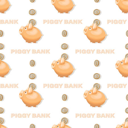 Piggy Bank, dollar coins background. Money gold coins. Cash collecting billfold on white background. American currency. Seamless pattern, template. Design for business project. Vector illustrationのイラスト素材