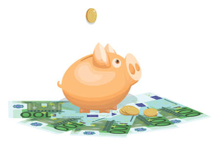 100 euro bills. Cash. Piggy bank. Euro banknotes collecting on white background. European Union billのイラスト素材