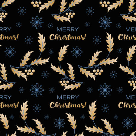 Golden Holly. Merry Christmas. Vector holiday background with Holly leaves and berries, snowflakesのイラスト素材