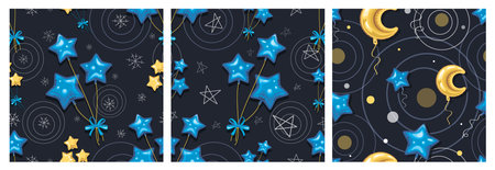 Festive set. Sky Month, stars. Vector background, pattern with bright gel balloons quadrangular...