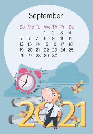 September 2021. Bullish calendar. Autumn month. Business bull with books. Year of the Ox. Week starts on Sunday. Vector illustration for calendar, notepad, printable. Vector illustrationのイラスト素材