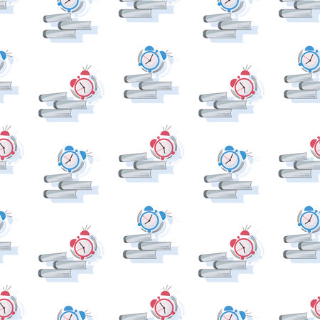 Alarm clock, books. Vector background, template. Time for books. Alarm clock stand up above books stack isolated on white background. Seamless pattern. Vector illustration.のイラスト素材