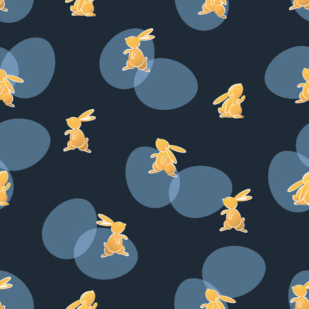 Easter pattern. Sunny bunny. Vector background. Spring holiday. Template design with rabbit and eggs on dark blue background. Vector illustration in cartoon style. Seamless pattern.のイラスト素材