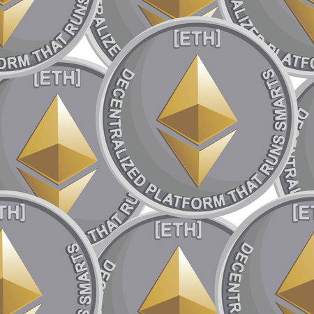 Silver coin Ethereum. Crypto currency. Vector background. Design for website, business project, information materials and textile. Seamless pattern. Vector illustration.のイラスト素材