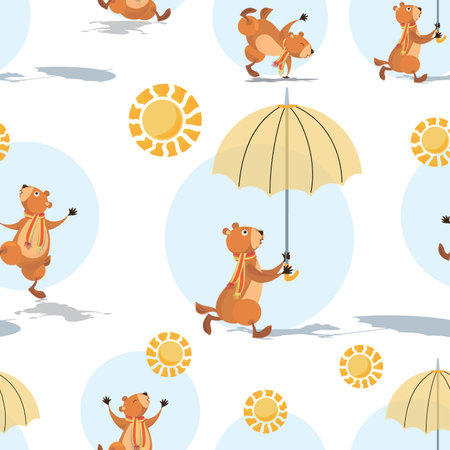 Groundhog Day. Marmot, sun and shadow. Groundhog holding an umbrella. Sunny day. Seamless pattern with funny character isolated on white background. Flat design. Vector illustration.のイラスト素材
