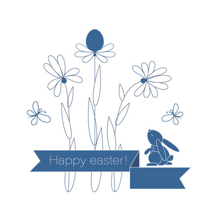 Easter bunny. Flower garden with ribbon. Happy easter. Cute rabbits. Vector postcard, poster.のイラスト素材