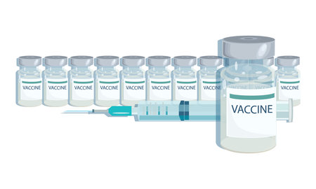 Vaccine. Syringe injection. Medical syringe with needle for protection flu virus and coronavirus.のイラスト素材