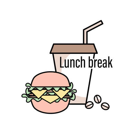Lunch break. Burger, coffee. Food, drink icon. Linear symbol for web and mobile phone. Vector graphic illustration isolated on white background. Symbol. Trendy design. Vector illustrationのイラスト素材