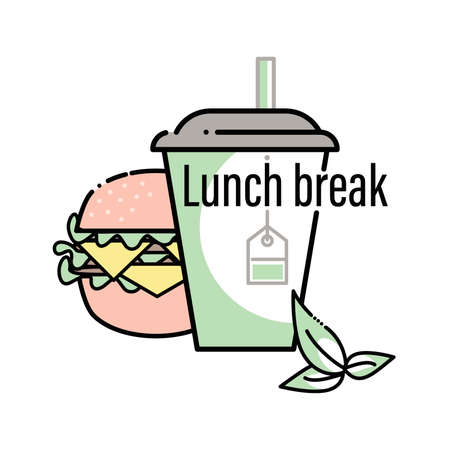 Takeaway food. Lunch break. Burger, green tea. Food, drink icon. Linear symbol for web and mobile phone. Vector graphic illustration isolated on white background. Symbol. Trendy design.のイラスト素材
