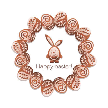 Chocolate Easter bunny. Happy easter. Easter frame. Design postcard with rabbit in circle of eggsのイラスト素材