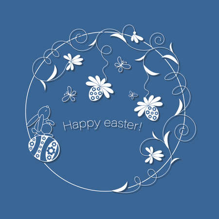 Happy easter. Vector Easter postcard, frame. Easter bunny, eggs and flowers curl in a circle. Design postcard with rabbit and decorated eggs in flowers on blue background. Outline illustration.のイラスト素材
