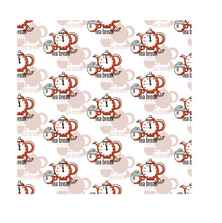 Tea break. Teapot, clock. Vector background. Cup, fresh tea leaves. Design for web, textiles.のイラスト素材