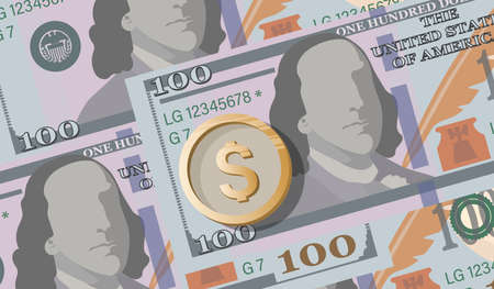 American dollars, gold dollar coin. Vector money background. American money sign on white...