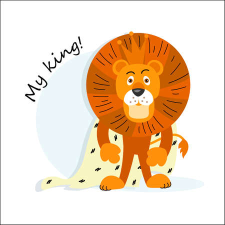 Lion King. Vector character. Cute funny lion wearing a crown and cape, isolated on white background.のイラスト素材