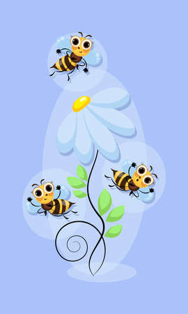 Cheerful bees swarm. Chamomile flower. World Bee Day. Bees honey swarming, fly in flower meadow.のイラスト素材