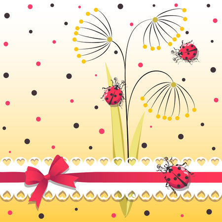 Ladybugs. Vector cartoon character. Cute red ladybugs with an openwork ribbon and bow and polka dotsのイラスト素材