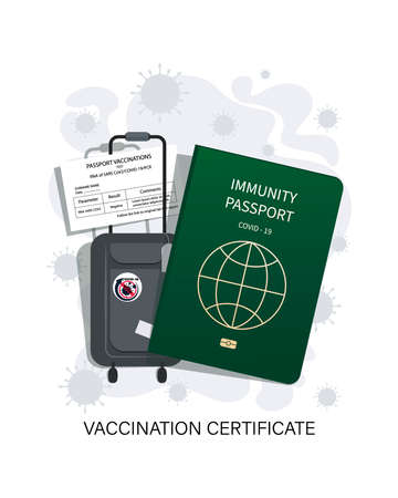 Vaccination certificate. Baggage. Safe travel. Immunity document. Covid 19 immunity symbol sign.のイラスト素材
