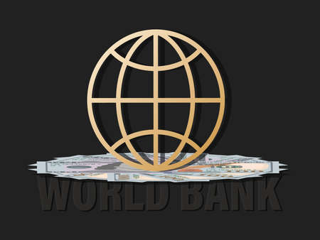 World Bank. Cash. Vector money background. Hundred dollar bills. World currency and planet symbol.のイラスト素材