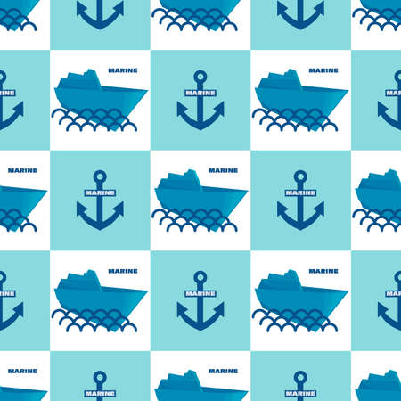 Anchors, paper boat. Marine wave background. Vector geometric template. Seamless pattern for textile, wallpaper, decorative fills, web page background, surface textures. Vector illustration.のイラスト素材