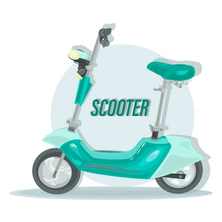 Electric scooter. Vector motorcycle. Fast for food delivery. Trendy green scooter, isolated on light blue background. Template for branding and advertising. Flat style vector illustration.のイラスト素材