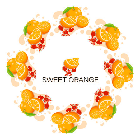 Sweet orange. Fresh fruit. Round frame.Tropical fruits, cute crab with slice of ripe orange. Fresh fruits, red crab. Design for poster, postcard, advertising flyer. Vector illustrationのイラスト素材