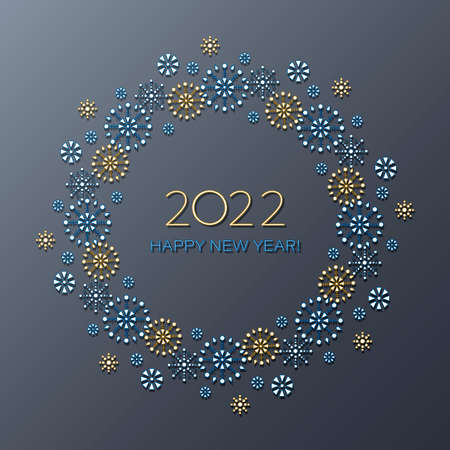 New Year card. 2022. Snowflakes. Christmas frame, border on gray background. HAPPY WINTER HOLIDAYS. Christmas and New Year decorations. Winter festive background. Vector illustrationのイラスト素材