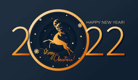 Christmas deer. Happy New Year 2022. Christmas and New Year greeting card, poster. Winter template.