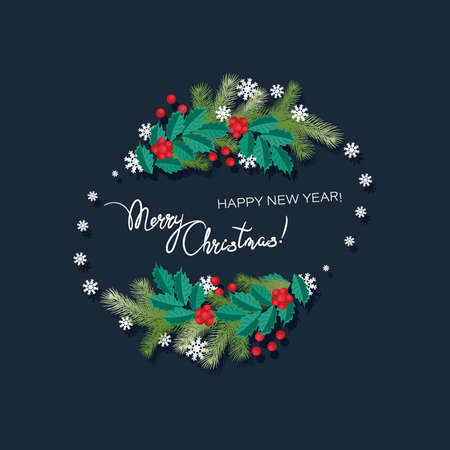 Holly branches. Christmas oval garland. Winter festive frame, decorative border. Holly berries.のイラスト素材
