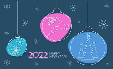 Happy New Year. 2922. Christmas balls. Winter festive template with red deer, snowflakes, spruce.のイラスト素材