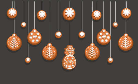 Christmas cookies, gingerbread. Garland made of gingerbread. Snowman, Christmas toys and snowflakes.のイラスト素材
