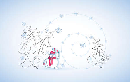 Snowman. Snow spiral. Winter card with funny character and decorative fir trees. Linear style.のイラスト素材