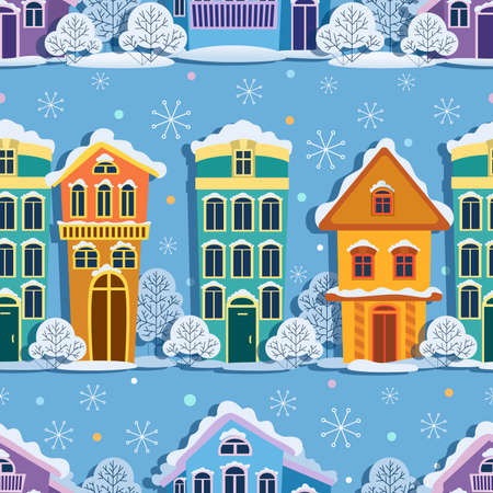 Winter town. Vector background with cartoon houses. Seamless pattern. High rise buildings and one story buildings on light blue background. Design for baby textiles, packaging. Vector illustration.のイラスト素材