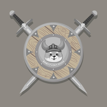 Baby Doge. Floki Inu, symbol of a cryptocurrency coin, depicted on a viking shield with swords. dog coin sample. Meme tokens. Doge meme cryptocurrency. vector illustration.のイラスト素材