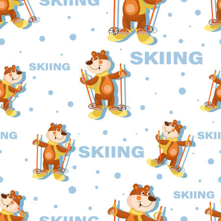 cute bear. skiing background. sportsman portrait. Winter sports. Bear with skis and scarf. Flat design for kids or babies textile. Seamless pattern. vector illustrationのイラスト素材