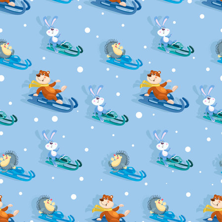 Sled sports. Cute bear, bunny and hedgehog sledding. Sports competitions in luge sports. Toboggan sports. Seamless pattern. Design for kids or babies textile. vector illustration.のイラスト素材