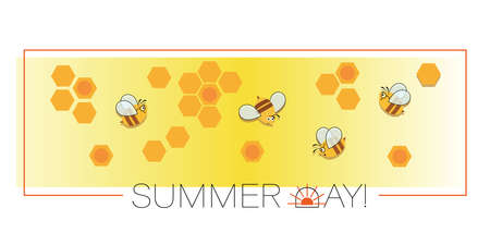 Cartoon bees. Card, poster. Cute insect. Bee kind funny inspirational background with flying bees.のイラスト素材