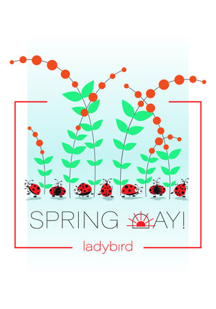 Cartoon ladybird. Spring poster. Cute insect background. Cheerful picture, inscription spring day.のイラスト素材
