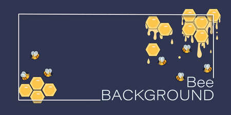 Bee, honeycombs.Honey background. Poster with cartoon bees. Cute Bee kind funny backgroundのイラスト素材